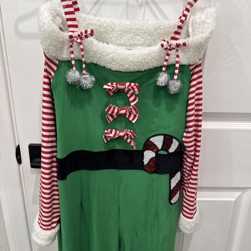 Elf Jumpsuit Holiday Costume Off Shoulder Red Stripe Pompom Candy Cane Women’s L